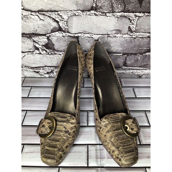 Stuart Weitzman Brown Taupe Leather Python Square Toe Buckle Heels Women Sz 8.5M - Picture 2 of 16